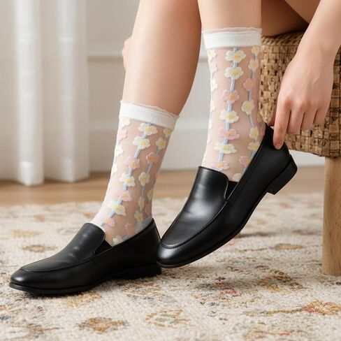 5Pairs Sheer Floral Socks, See Through Frilly Socks Women, Summer Thin Transparent Flower Sock, Ankle Jacquard Crystal Glass Sock (US: 5-8.5) in Kuwait