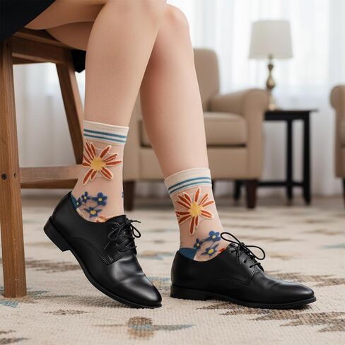 5Pairs Sheer Floral Socks, See Through Frilly Socks Women, Summer Thin Transparent Flower Sock, Ankle Jacquard Crystal Glass Sock (US: 5-8.5) in Kuwait