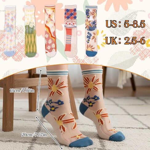 5Pairs Sheer Floral Socks, See Through Frilly Socks Women, Summer Thin Transparent Flower Sock, Ankle Jacquard Crystal Glass Sock (US: 5-8.5) in Kuwait