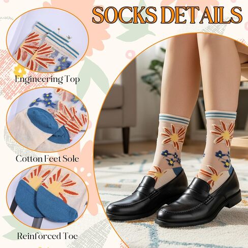 5Pairs Sheer Floral Socks, See Through Frilly Socks Women, Summer Thin Transparent Flower Sock, Ankle Jacquard Crystal Glass Sock (US: 5-8.5) in Kuwait