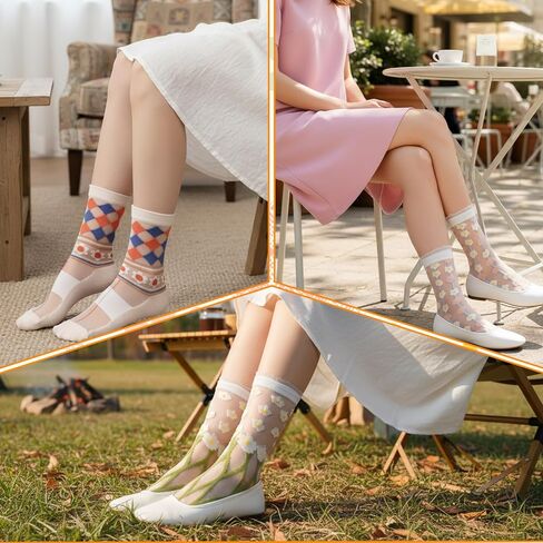 5Pairs Sheer Floral Socks, See Through Frilly Socks Women, Summer Thin Transparent Flower Sock, Ankle Jacquard Crystal Glass Sock (US: 5-8.5) in Kuwait