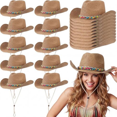 Mepase 10 Pack Bulk Straw Cowboy Hat for Women Western Cowgirl Party Hat & Colorful Beaded Band Adjustable Chin Strap Beach in Saudi Arabia