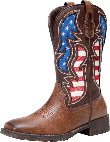 Jousen Cowboy Boots for Men Western Boot Side Zipper American Flag Retro Square Toe Mid-Calf Mens Boots in Kuwait