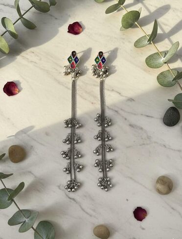 Indian Kashmiri Afghani Earrings for Women Silver Oxidised Gypsy Boho Statement Long Dangle Jhumka Jhumki Earrings Jewelry in Kuwait