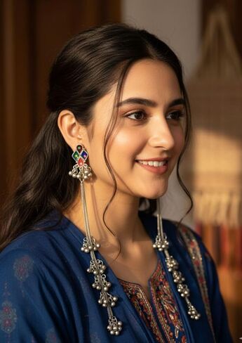 Indian Kashmiri Afghani Earrings for Women Silver Oxidised Gypsy Boho Statement Long Dangle Jhumka Jhumki Earrings Jewelry in Kuwait