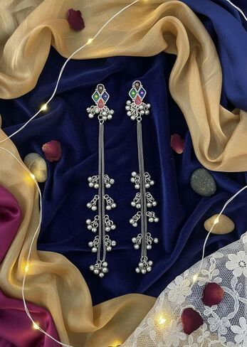 Indian Kashmiri Afghani Earrings for Women Silver Oxidised Gypsy Boho Statement Long Dangle Jhumka Jhumki Earrings Jewelry in Kuwait