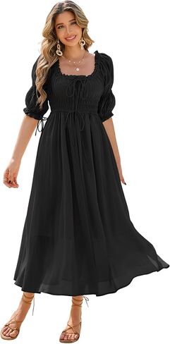 R.Vivimos Women's Summer Square Neck Midi Dress 2026 Casual Puff Half Sleeve Elastic Empire Waist Boho Flowy Long Dresses in Saudi Arabia