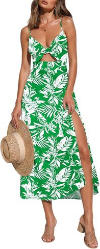 oten Womens Sleeveless V Neck Tie Front Cut Out Floral Maxi Sundress Spaghetti Strap Slit Flowy Summer Vacation Dress in Kuwait