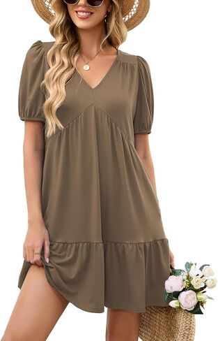 فساتين Naggoo الصيفية للسيدات كاجوال للشاطئ ورقبة على شكل حرف V وأكمام قصيرة منتفخة فستان قصير متأرجح مكشكش مع جيوب in Kuwait