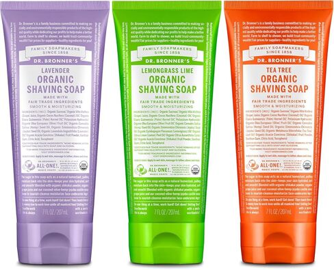 Dr. Bronner's - Organic Shaving Soap Variety Pack - Lavender, Tea Tree, & Lemongrass, Certified Organic, Sugar & Shikakai Powder, Moisturizes, Use on Face, Underarms, & Legs (7oz, 3-Pack) in Kuwait