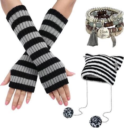 6PCS Y2K Goth Accessories, Crochet Cat Ear Cross Beanie with Striped Gloves 4 Stackable Bracelets, Y2K Alt Emo Grunge Clothes in Kuwait