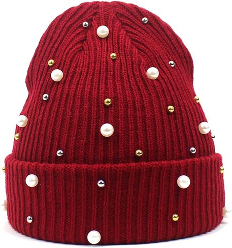 Women's Beaded Knit Cuffed Beanie Hat Soft Warm Cozy Knitted Stretch Skull Caps for Winter Cold Weather Beading Headwear in Saudi Arabia