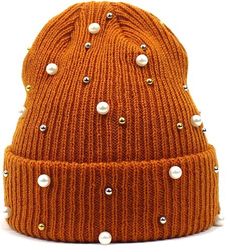 Women's Beaded Knit Cuffed Beanie Hat Soft Warm Cozy Knitted Stretch Skull Caps for Winter Cold Weather Beading Headwear in Saudi Arabia