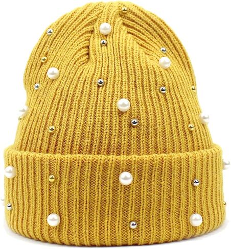 Women's Beaded Knit Cuffed Beanie Hat Soft Warm Cozy Knitted Stretch Skull Caps for Winter Cold Weather Beading Headwear in Saudi Arabia