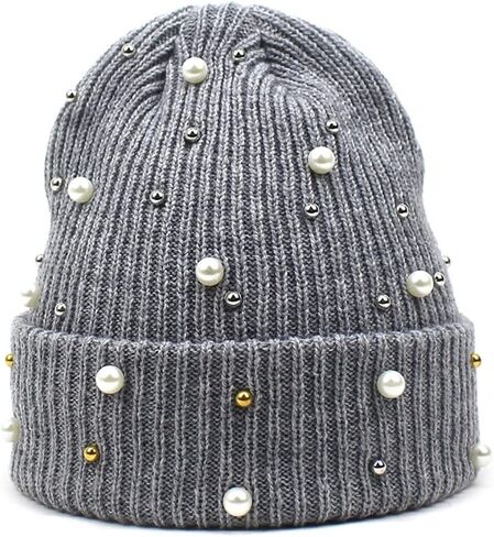 Women's Beaded Knit Cuffed Beanie Hat Soft Warm Cozy Knitted Stretch Skull Caps for Winter Cold Weather Beading Headwear in Saudi Arabia
