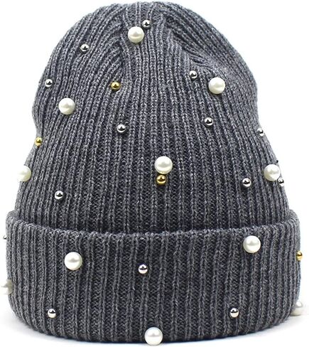 Women's Beaded Knit Cuffed Beanie Hat Soft Warm Cozy Knitted Stretch Skull Caps for Winter Cold Weather Beading Headwear in Saudi Arabia