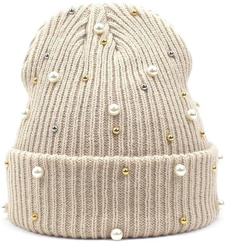 Women's Beaded Knit Cuffed Beanie Hat Soft Warm Cozy Knitted Stretch Skull Caps for Winter Cold Weather Beading Headwear in Saudi Arabia