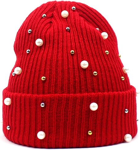 Women's Beaded Knit Cuffed Beanie Hat Soft Warm Cozy Knitted Stretch Skull Caps for Winter Cold Weather Beading Headwear in Saudi Arabia