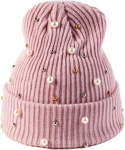 Women's Beaded Knit Cuffed Beanie Hat Soft Warm Cozy Knitted Stretch Skull Caps for Winter Cold Weather Beading Headwear in Saudi Arabia