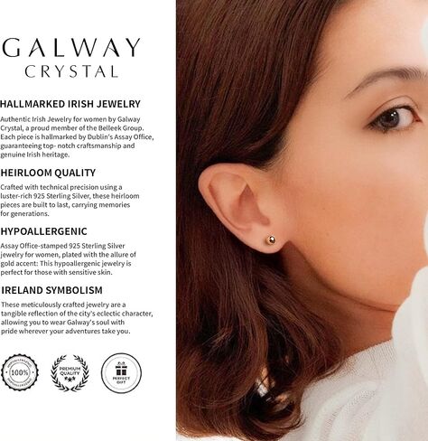 Galway Crystal Balance Round Stud Earrings for Women Elegant Irish Craft Hallmarked Sterling Silver Jewelry - Gold in Kuwait