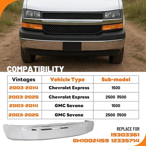 KUAFU Front Bumper Face Bar Compatible with 2003-2025 Chevrolet Express GMC Savana 1500 2500 3500 Replacement for GM1002459 19303361 12335714 Steel Chrome Silvery in Saudi Arabia