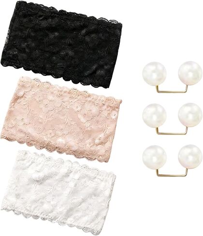 3 Pcs Lace Tube Top, 3 Pearl Brooch Pins,Modesty Panel Cleavage Cover, Inserts for Low Cut Dresses, Anti-Exposure Bra Accessory, for Use with Young Women(Black, White, Nude) in Kuwait
