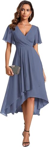 Ever-Pretty Women's Wedding Guest Dress Chiffon V Neck Ruched Short Sleeves Midi High Low Birthday Semi Formal Dresses 02088 in Saudi Arabia