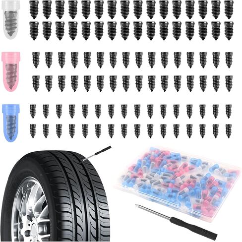 100PCS Tire Plugs Kit,3 Sizes Tire Repair Rubber Nails Kit for Self-Service with Screwdriver,Professional Screw in Tires Plugs Kits as Complete Tires Repair Kits for Emergency Use in Kuwait