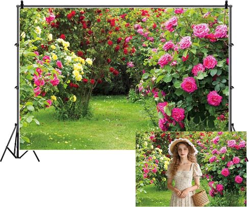 Renaiss 6x4ft Spring Garden Backdrop Red Pink Rose Flower Park Floral Green Leaf Grass Natural Landscape Photography Background for Wedding Bridal Shower Party Decor Photo Booth Props in Kuwait