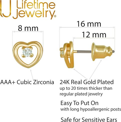 LIFETIME JEWELRY 8mm Cubic Zirconia Heart Stud Earrings for Women 24k Gold Plated in Saudi Arabia