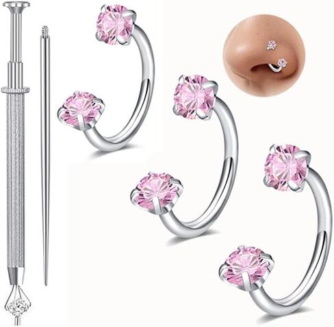 QWALIT 18g Horseshoe Nose Ring for Women Surgical Steel Double Stud Gem Horse Shoe Pink Silver Nose Piercing Jewelry Half U Shape Nostril Hoop Lip Helix Cartilage Piercing Jewelry 18gauge 6 7 8mm in Kuwait