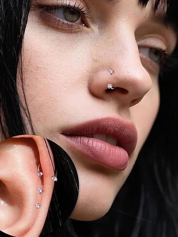 QWALIT 18g Horseshoe Nose Ring for Women Surgical Steel Double Stud Gem Horse Shoe Pink Silver Nose Piercing Jewelry Half U Shape Nostril Hoop Lip Helix Cartilage Piercing Jewelry 18gauge 6 7 8mm in Kuwait