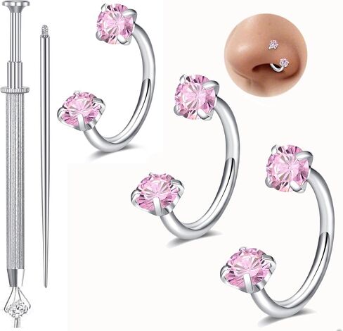 QWALIT 18g Horseshoe Nose Ring for Women Surgical Steel Double Stud Gem Horse Shoe Pink Silver Nose Piercing Jewelry Half U Shape Nostril Hoop Lip Helix Cartilage Piercing Jewelry 18gauge 6 7 8mm in Kuwait