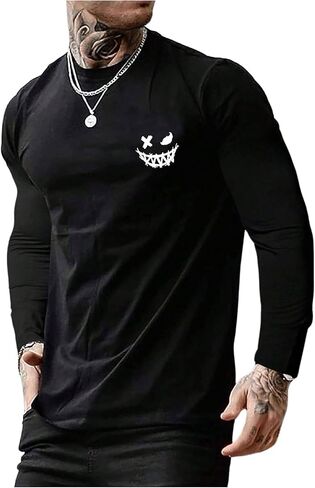 Men's Letter Graphic Long Sleeve Shirts Slim Fit Round Neck Casual Tee Tops Streetwear in Saudi Arabia