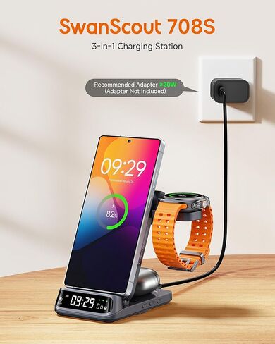 Wireless Charging Station for Samsung, 3 in 1 Wireless Charger for Samsung S24/S23/S22/S21/Z Flip/Fold, for Galaxy Watch 7/Ultra/6/5, Galaxy Buds 3/3 Pro, SwanScout 708S (NO Adapter) in Kuwait