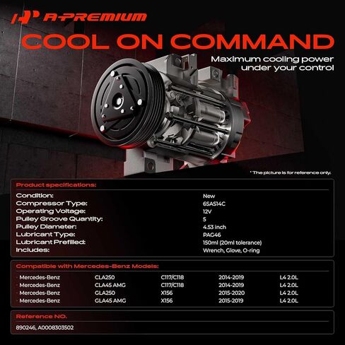 A-Premium A/C Compressor with Clutch Compatible with Mercedes-Benz CLA250 2014-2019, CLA45 AMG 2014-2019, GLA250 2015-2020, GLA45 AMG 2015-2019, L4 2.0L in Saudi Arabia