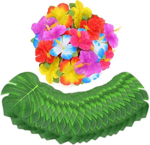 60Pcs Hawaiian Flowers,Tropical Decor Tropical Flowers Include Hibiscus Flowers Artificial and Palm Leaves,Hawaiian Decorations Luau Table Decorations for Jungle Beach Theme Birthday Party in Saudi Arabia