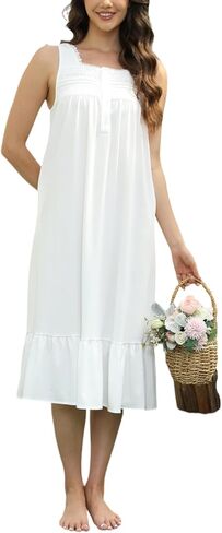 Rubehoow Nightgown Women's Long Cotton Sleep Dress Vintage Floral Sleeveless Nightshirt with Pockets and Button in Kuwait