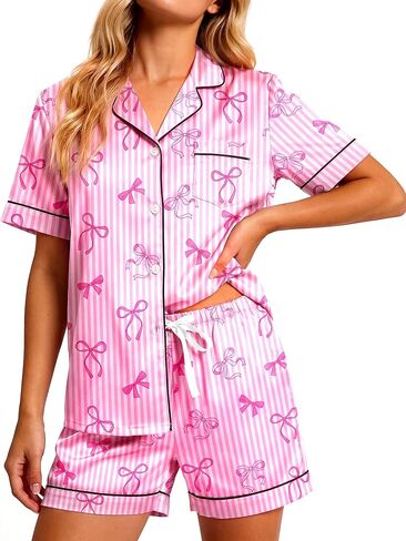 المرأة الحرير بيجامة من الساتان مجموعة قصيرة الأكمام ملابس خاصة لينة زر أسفل 2 قطعة Pjs السراويل مجموعات المتسكعون S-XL in Kuwait