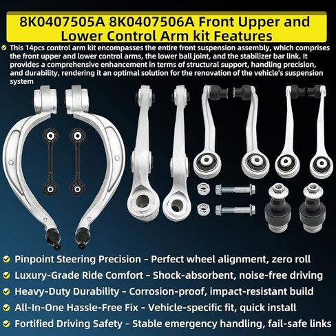 8K0407505A Front Upper and Lower Control Arm kit Fits For Audi A4 A5 S5 A6 A7 Q5 RS5 RS7 S4 S6 SQ5,14PCS Front Control Arm Ball joint Suspension Kit in Kuwait