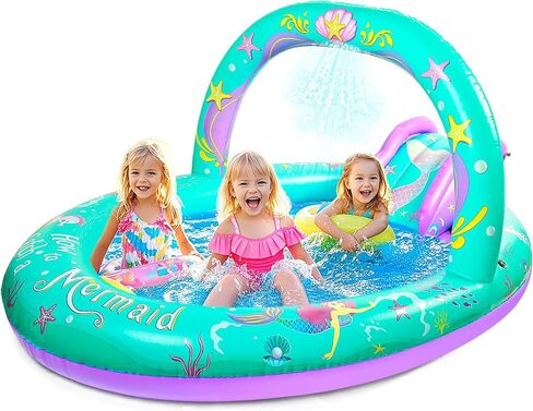 SULIFEEL Rainbow Unicorn Inflatable Play Center Kiddie Pool with Slide and Sprinkler for Children, 8ft x 5ft x 9.5in Baby Pool for Backyard and Garden, Free Inflatable Pump (Rainbow) in Kuwait