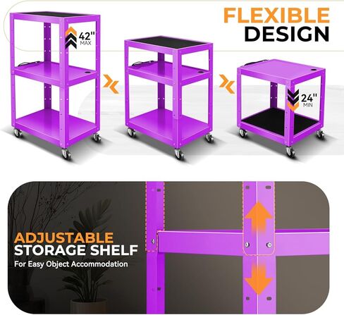 عربة عرض AV قابلة للتعديل بارتفاع Auto Dynasty مع شريط طاقة، عربات تخزين AV متدحرجة لجهاز عرض الفيديو والتلفزيون والطابعات وأجهزة الكمبيوتر المحمول، 4 عجلات، سلك 4 بوصات، 3 منافذ، 2 منافذ USB (أرجواني) in Kuwait