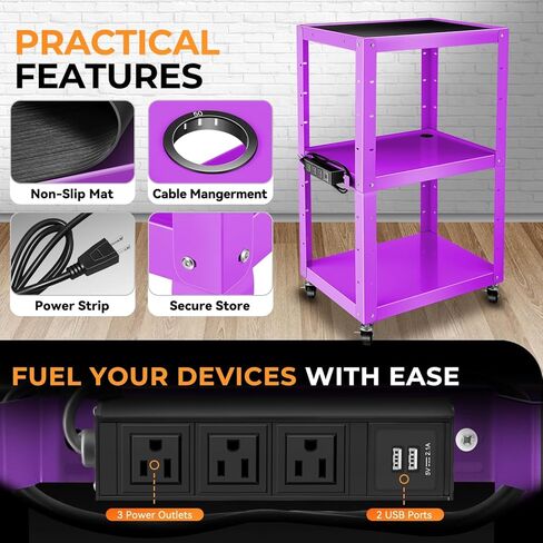 عربة عرض AV قابلة للتعديل بارتفاع Auto Dynasty مع شريط طاقة، عربات تخزين AV متدحرجة لجهاز عرض الفيديو والتلفزيون والطابعات وأجهزة الكمبيوتر المحمول، 4 عجلات، سلك 4 بوصات، 3 منافذ، 2 منافذ USB (أرجواني) in Kuwait