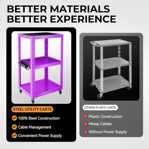 عربة عرض AV قابلة للتعديل بارتفاع Auto Dynasty مع شريط طاقة، عربات تخزين AV متدحرجة لجهاز عرض الفيديو والتلفزيون والطابعات وأجهزة الكمبيوتر المحمول، 4 عجلات، سلك 4 بوصات، 3 منافذ، 2 منافذ USB (أرجواني) in Kuwait