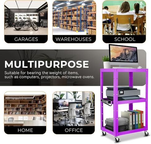 عربة عرض AV قابلة للتعديل بارتفاع Auto Dynasty مع شريط طاقة، عربات تخزين AV متدحرجة لجهاز عرض الفيديو والتلفزيون والطابعات وأجهزة الكمبيوتر المحمول، 4 عجلات، سلك 4 بوصات، 3 منافذ، 2 منافذ USB (أرجواني) in Kuwait