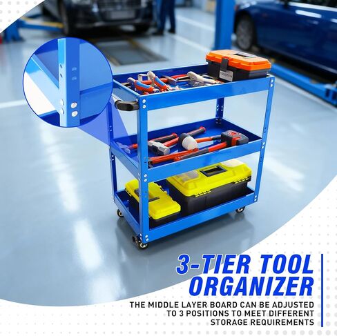 3 Tier Rolling Tool Cart with Wheel - Heavy Duty Metal Utility Shop Carts Organizer Mobile Tool Storage Service Small Work Cart for Maintenance Garage Mechanics Industrial in Saudi Arabia