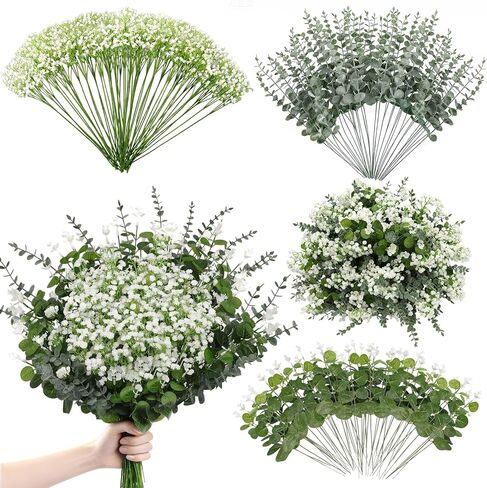 110pcs Mixed Faux Greenery: Real Touch Babys Breath Artificial Flowers Bulk, Eucalyptus Stems & Frosted Silver Dollar for Rustic Wedding Decor, Boho Farmhouse Table Centerpieces in Saudi Arabia