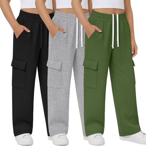 3 قطع من السراويل الرياضية للفتيات ذات الأرجل المستقيمة والمراهقات الفضفاضة للأطفال برباط خصر مطاطي مع جيوب in Kuwait