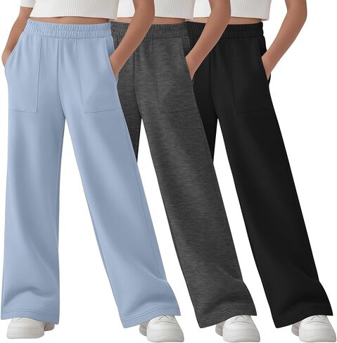 مجموعة من 3 بناطيل رياضية للبنات بأرجل مستقيمة وخصر مطاطي للركض، بنطال فضفاض مع جيوب رقعة، مقاس 5-14 سنة in Kuwait