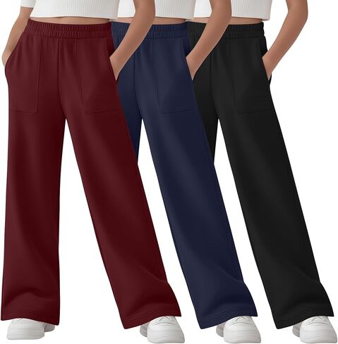 3 Pack Girl's Sweatpants Straight Leg Elastic Waist Joggers Baggy Sweat Pants with Patch Pockets 5-14 Years in Saudi Arabia